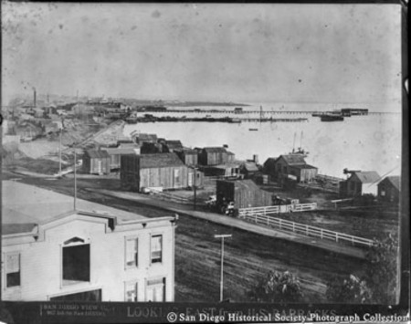 [San Diego waterfront, looking east from U.S. Army barracks at Kettner and Market streets]