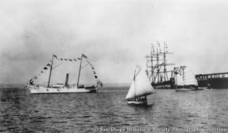 Revenue cutter Thomas Corwin, sailboat, ship, and Chinese junk on San Diego Bay