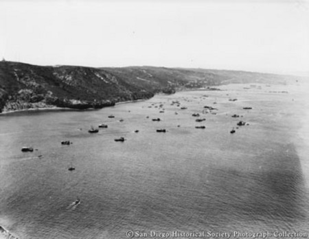 Aerial view of fishing boats off Point Loma coast