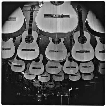 Guitars hanging fron ceiling