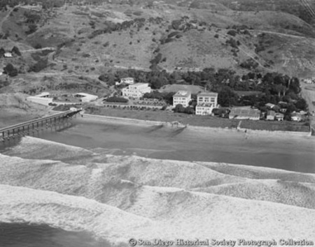 Aerial view of Scripps Institution of Oceanography and pier on La Jolla coast