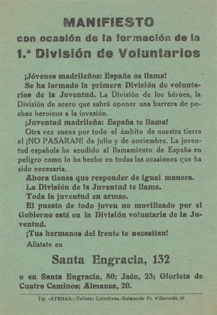 Manifiesto con ocasión de la formación de la 1.a División de Voluntarios