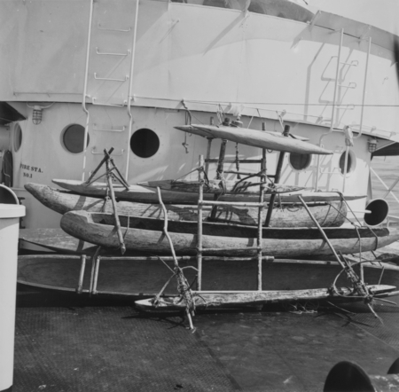 Outrigger canoe owned by Russell W. Raitt, stored on research ship and used during the Capricorn Expedition