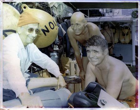 Jacques Yves Cousteau (left), diving researcher and artist André Laban (center) and Scripps Institution of Oceanography sc...