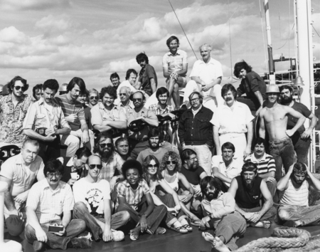 Entire crew of Leg 76 on the foredeck of the D/V Glomar Challenger (ship) during the Deep Sea Drilling Project. 1980.