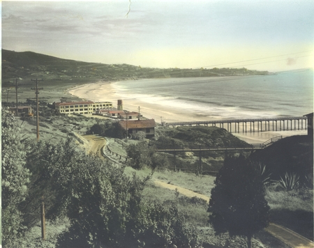 Scripps Institution of Oceanography campus looking south towards La Jolla. Hand-tinted photograph. Circa 1931.