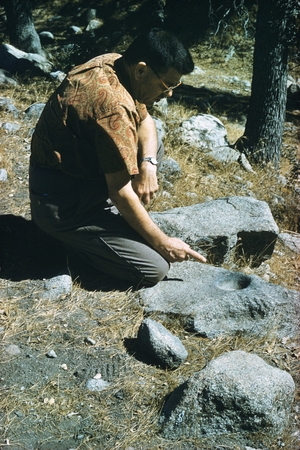 Carl L. Hubbs with rock mortar among oaks, Tehachapi Pass, California