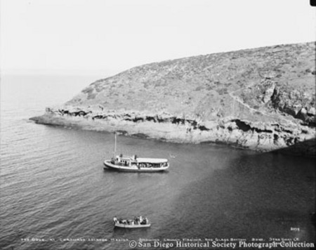 The cove at Coronado Islands, Mexico, showing launch Virginia and glass bottom [row]boat.