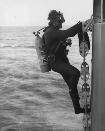 Crewman Stephen Brown preparing to make an underwater inspection of the D/V Glomar Challenger (ship) thrusters as drilling...