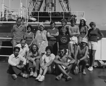 Scientific team aboard D/V Glomar Challenger (ship) for Leg 82 of the Deep Sea Drilling Project. 1981.