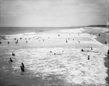 People swimming in ocean surf at Del Mar beach