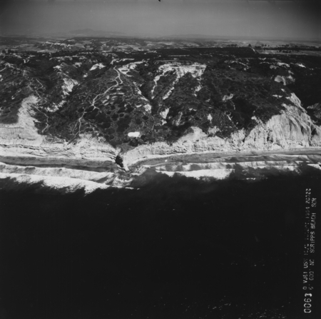 Aerial view of the cliffs and canyon north of the campus of Scripps Institution of Oceanography. September 16, 1954.