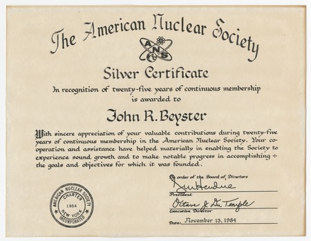 American Nuclear Society Silver Certificate, awarded to J. Robert Beyster
