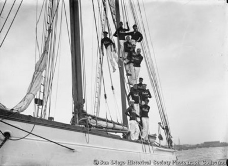 Crew of John D. Spreckels&#39;s yacht Lurline posing on mast rigging
