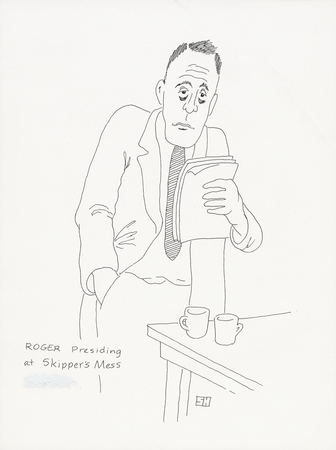 Caricature of Roger Revelle presiding at Skipper&#39;s Mess