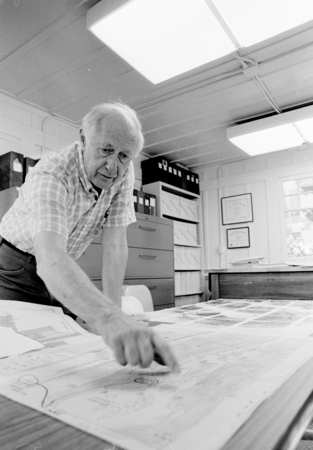 Fred Noel Spiess working in his office, T-6, Scripps Institution of Oceanography