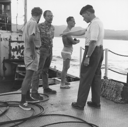 Dr. Edward L. Winterer and men on deck R/V HORIZON, NOVA Expedition, Leg IV