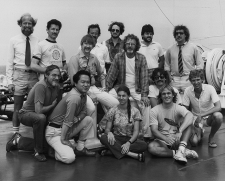 Scientific team, aboard the D/V Glomar Challenger (ship) for Leg 93 of the Deep Sea Drilling Project. 1983.