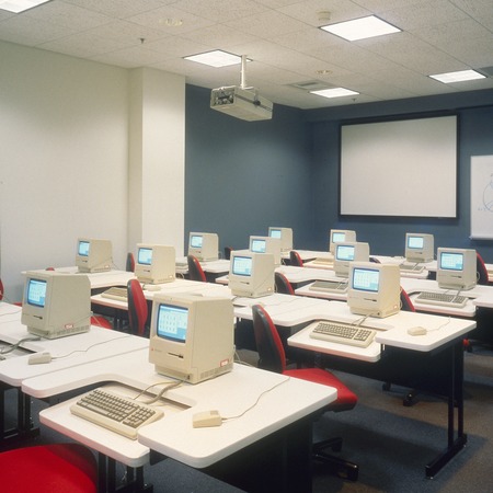 San Diego Supercomputer Center: interior: computer classroom with lights on