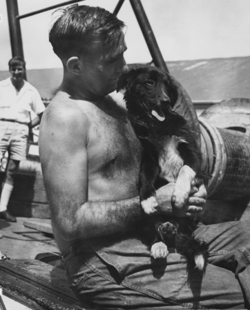 Ship dog &quot;Spencer&quot; and his master Jim Hayden, off Suva, Fiji