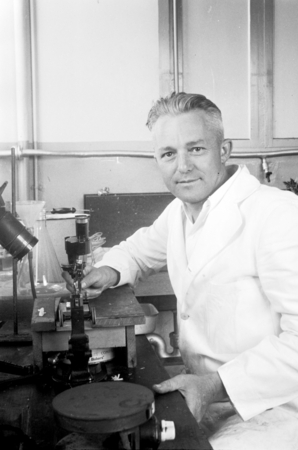 Earl Hamlet Myers in his laboratory at the Scripps Institution of Oceanography