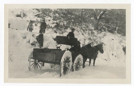 Horse-drawn buggy and Fletcher family in snow, Cuyamaca area