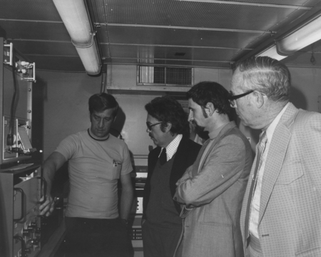 Amsterdam Portcall, October 1, 1974. 12. In the Electronics Lab aboard R/V Glomar Challenger, Amsterdam. Left to right: Pa...