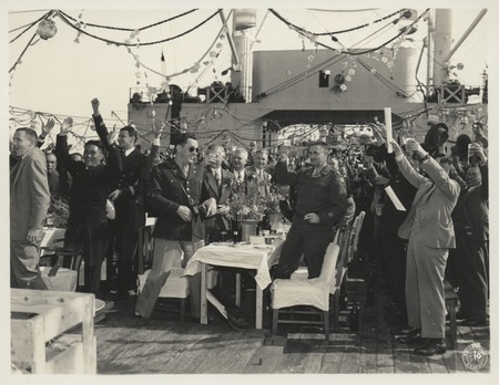 A toast at the celebration of the success of Antarctic whaling expedition by the Japanese Nisshin Maru ship. Hubert G. Sch...
