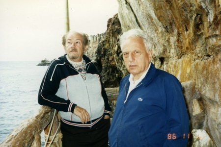 Edward D. Goldberg (right), with an unidentified man near some sea cliffs. Goldberg was a marine chemist at Scripps Instit...