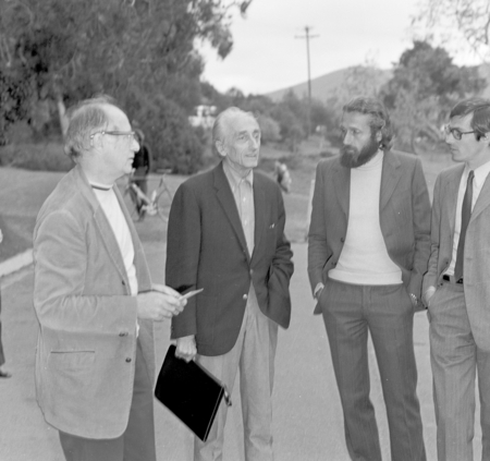 Jacques Cousteau (center left) and Fred Noel Spiess (left), during Cousteau&#39;s visit to Scripps Institution of Oceanography