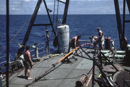 Heat probe on the deck of the R/V Spencer F. Baird (ship) during the Capricorn Expedition (1952-1953). The heat probe was ...