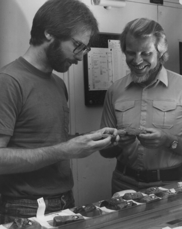 Petrologist, Jeffrey C. Alt (left) of the University of Miami and Rolf Emmermann of the University of Geissen in the Feder...