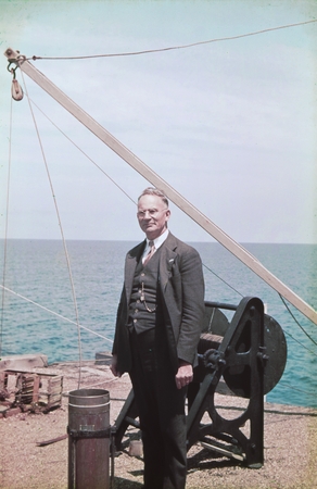 George Francis McEwen (1882-1972), standing on the Scripps pier. Circa 1938.