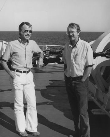 Scripps Institution of Oceanography scientists Joseph R. Curray (left) and David G. Moore take a breather from their dutie...