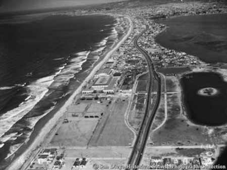 Aerial view of Mission Beach coastline looking north