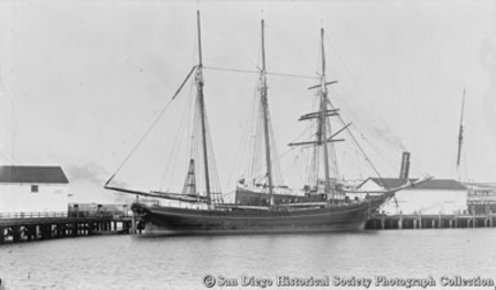 Docked sailing ship Halcyon at Pacific Coast Steamship Company wharf