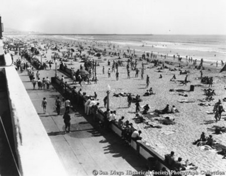 People on beach and boardwalk, July 4, 1954, Mission Beach