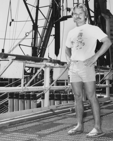 Scientist William Coulbourn from Scripps Institution of Oceanography takes a break from his work on board the D/V Glomar C...