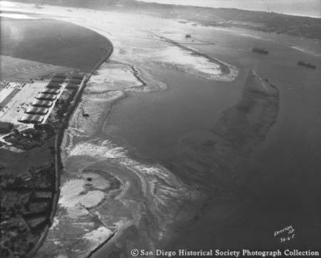Aerial view of dredging in San Diego Bay