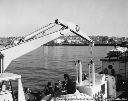 French bathyscaphe on boat equipped with hoisting machinery, San Diego waterfront