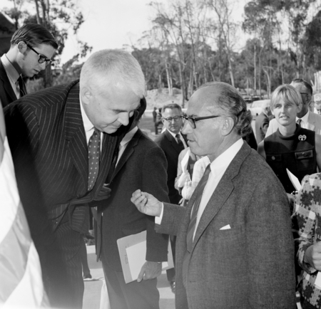 Chancellor William McGill (left) and Jonas Salk (right) at the dedication of the Basic Science Building, UC San Diego