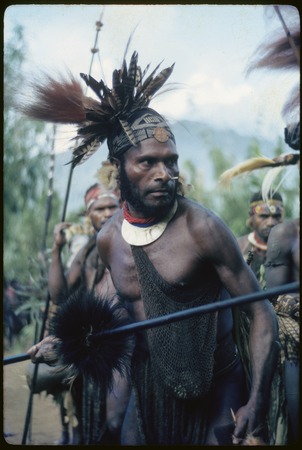 Pig festival, pig sacrifice, Kwiop: man with luluai badge brandishes spear in ritual aggression at boundary fence