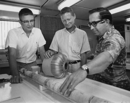 Eocene Deep Sea Core-Dr. Joshua I. Tracey, Jr., left, of the U.S. Department of the Interior Geological Survey, William F....