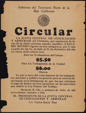 Circular : la Junta Central de Conciliacion y Arbitraje del Territorio, por resolucion de fecha 26 de Junio proximo pasado...