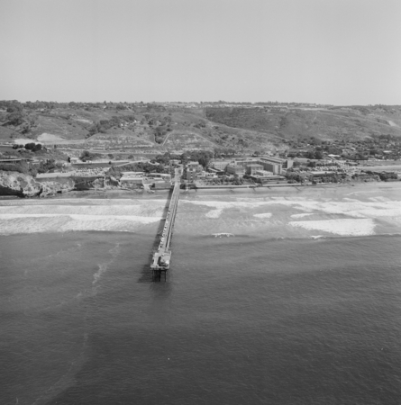 Aerial view of Scripps Institution of Oceanography and pier, facing east