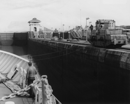 D/V Glomar Challenger (ship) passing through the Miraflores Locks in the Panama Canal. 1979.