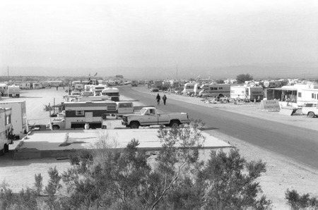 Slab City: photograph of campers and recreational vehicles along main road through the Slabs