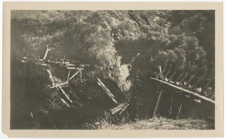 Damage to the San Diego flume above a gully from the 1916 flood