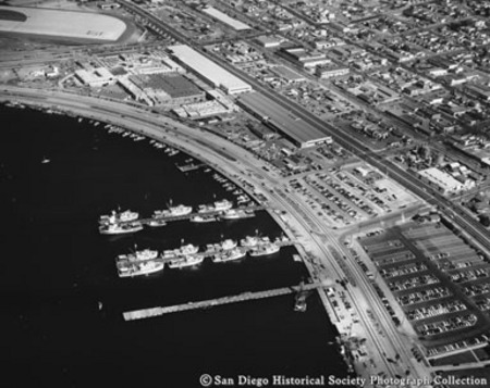 Aerial view of tuna fleet docked on San Diego waterfront