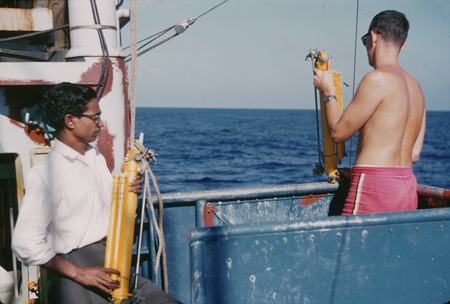 C. Balarama Murty (left) holding a Nansen bottle and Jan B. Lawson (right) of the Scripps Institution of Oceanography&#39;s Sw...